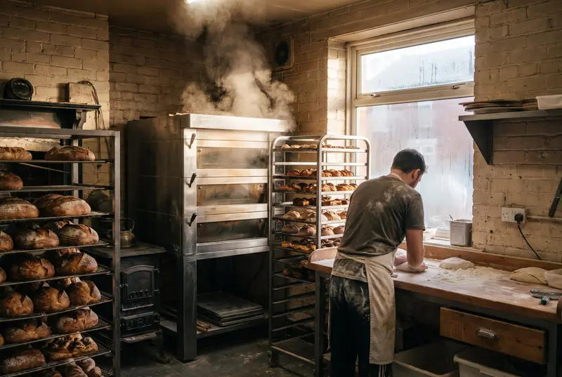 Baker working in a small bakery with deck ovens