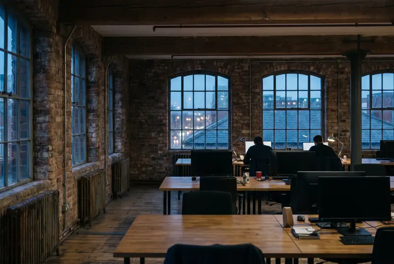 Large open-plan office in a converted mill