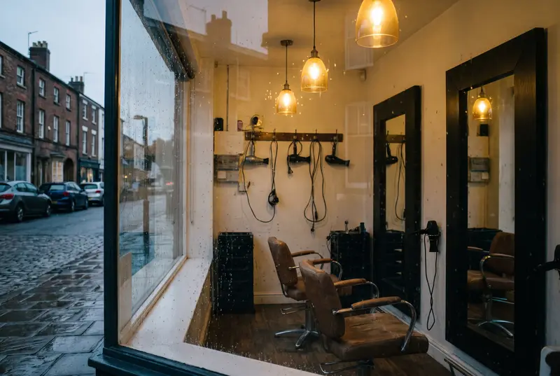Empty small hair salon on a high street at dusk